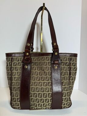Fendi Brown Canvas Leather Tote Bag